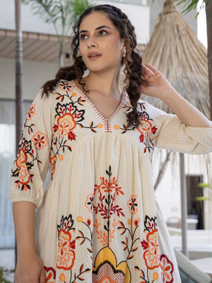 ZUMMER Women Empire Waist Beige Above Knee/Mid Thigh Length Dress