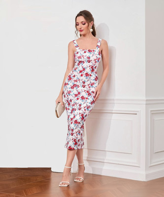 Attire Empire Women Bodycon White, Red, Light Blue Midi/Calf Length Dress