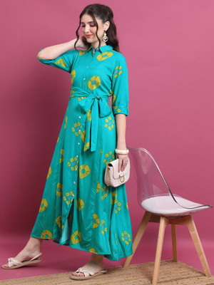 Vishudh Women Ethnic Dress Green Maxi/Full Length Dress