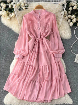 saanvi collection Women Asymmetric Pink Above Knee/Mid Thigh Length Dress