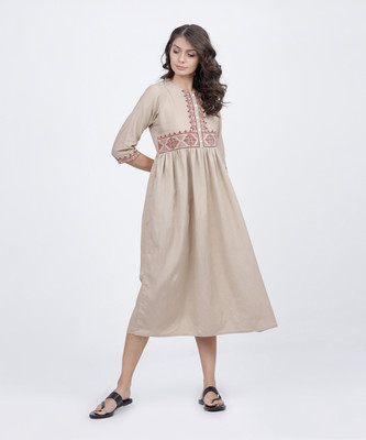 Vishudh Women Fit and Flare Beige Midi/Calf Length Dress