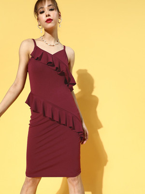 Moda Rapido Women A-line Maroon Above Knee/Mid Thigh Length Dress