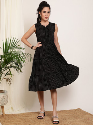 GLAMALUE Women Skater Black, White Below Knee Dress