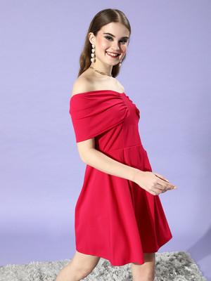 ATHENA Women Fit and Flare Red Above Knee/Mid Thigh Length Dress
