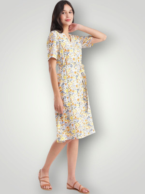 KALLAXI Women Fit and Flare Yellow Knee Length Dress