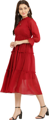 RimberioCo Women A-line Red Midi/Calf Length Dress