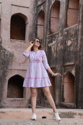 K K CREATION Women Gown Pink, White Knee Length Dress