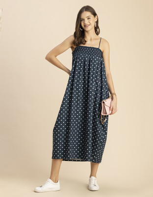 moomaya Women A-line Black, White Midi/Calf Length Dress