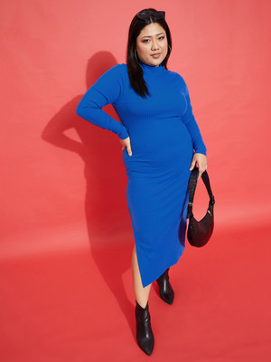 SASSAFRAS Curve Women Bodycon Blue Midi/Calf Length Dress