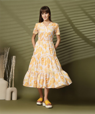 Wordope Women Fit and Flare White, Yellow Midi/Calf Length Dress