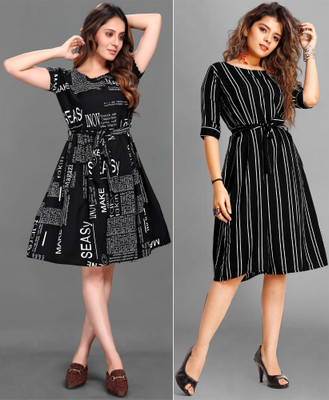 Rinra Women A-line Black, White Knee Length Dress