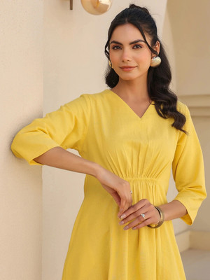 Janasya Women A-line Yellow Midi/Calf Length Dress