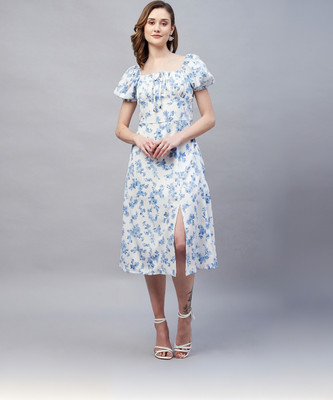 Marie Claire Women A-line White, Blue Midi/Calf Length Dress