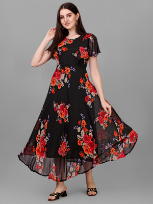 HK SHOPEE Women Fit and Flare Black Maxi/Full Length Dress
