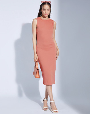 Selvia Women Bodycon Orange Below Knee Dress
