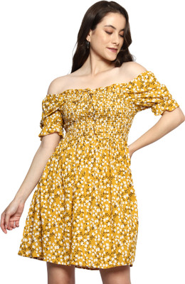 Crazy Sparkles Women Fit and Flare Yellow Above Knee/Mid Thigh Length Dress