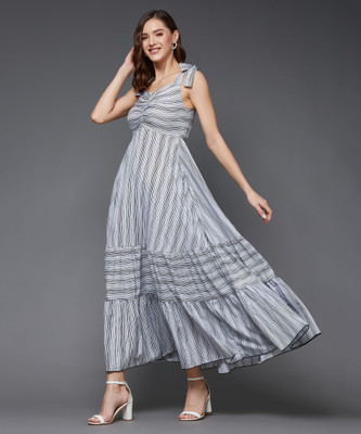 Miss Chase Women Fit and Flare Black, White Maxi/Full Length Dress