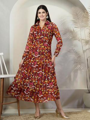 PLUSS Women A-line Multicolor Midi/Calf Length Dress