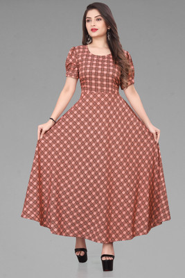 HouseOfCommon Women Maxi Brown, Pink Ankle Length Dress