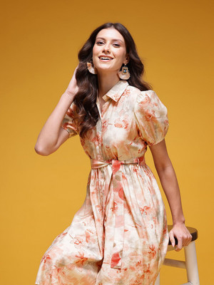 HERE&NOW Women Shirt Beige Below Knee Dress