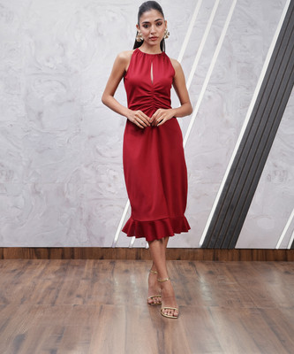 ATHENA Women Fit and Flare Maroon Midi/Calf Length Dress