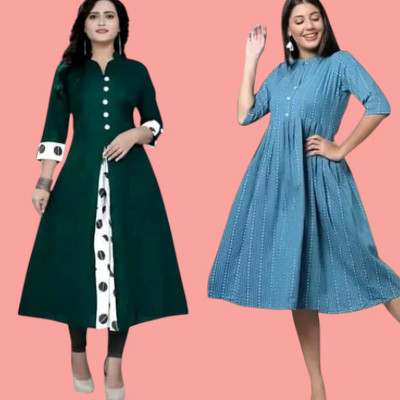 Icon Fashion Women Printed A-line Kurta(Green, Light Blue)