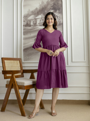 Trendmalls Women Empire Waist Purple Knee Length Dress
