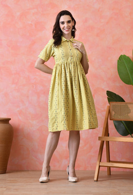 VCJ Women A-line Yellow Knee Length Dress