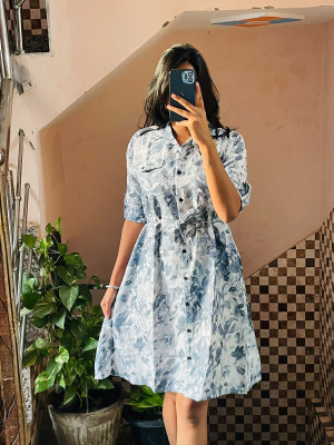 RKK COLLECTIONS Women Fit and Flare Grey, Light Blue, White Midi/Calf Length Dress