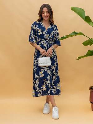 Herway Women Fit and Flare Dark Blue Midi/Calf Length Dress