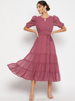 WineRed Women Fit and Flare Pink Midi/Calf Length Dress