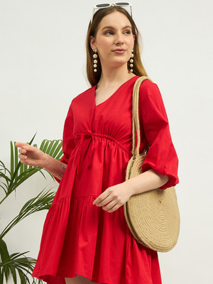 ZUMMER Women Fit and Flare Red Above Knee/Mid Thigh Length Dress