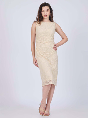 OUTZIDR Women Bodycon Beige Below Knee Dress