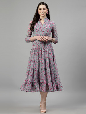 Herway Women Tiered Grey Midi/Calf Length Dress