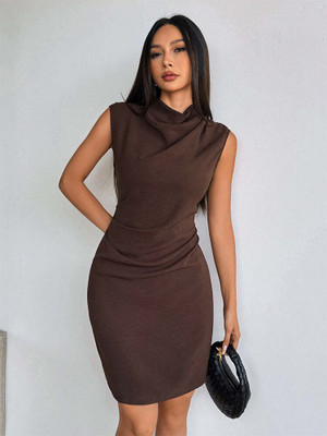 OUTZIDR Women Skater Brown Above Knee/Mid Thigh Length Dress