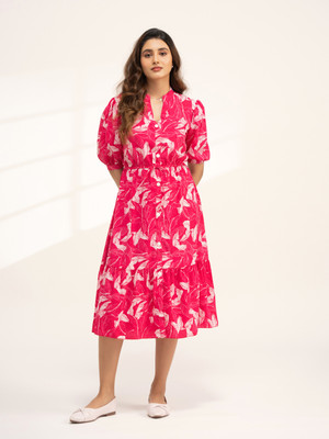 AASK Women Fit and Flare Pink Midi/Calf Length Dress