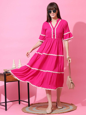 Sheetal Associates Women Fit and Flare Pink Midi/Calf Length Dress