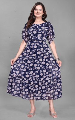 QUEUEE CREATION Women Fit and Flare Blue Maxi/Full Length Dress