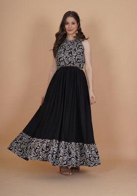 INDIANIC Women Fit and Flare Black Maxi/Full Length Dress