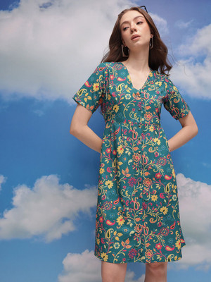 CORSICA Women A-line Green Above Knee/Mid Thigh Length Dress