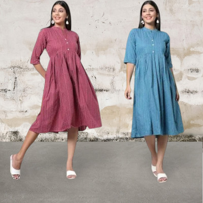 Rangrasiya Creation Women Fit and Flare Pink, Blue Knee Length Dress