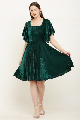 vivient Women Fit and Flare Dark Green Dress