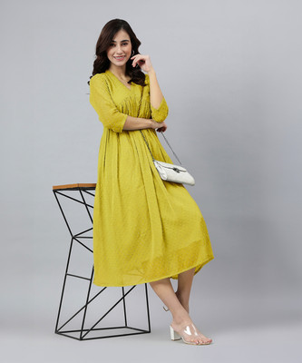 Janasya Women A-line Yellow Midi/Calf Length Dress