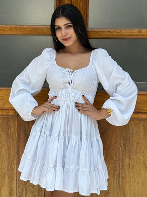 TANDUL Women Gathered White Above Knee/Mid Thigh Length Dress