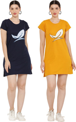HouseOfCommon Women T Shirt Dark Blue, Yellow Above Knee/Mid Thigh Length Dress