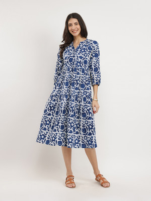 Pink Fort Women Fit and Flare Dark Blue Midi/Calf Length Dress