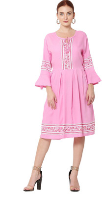 A R J FASHION Women Fit and Flare Pink Knee Length Dress