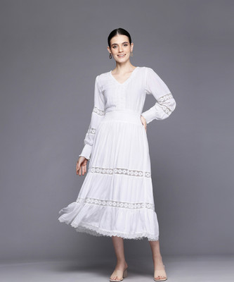 Dream Star Women Fit and Flare White Midi/Calf Length Dress