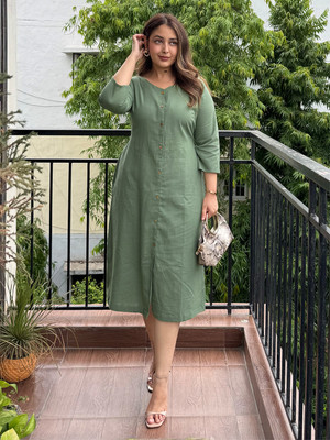 Janasya Women A-line Green Midi/Calf Length Dress