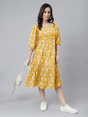 Janasya Women Fit and Flare Yellow Midi/Calf Length Dress
